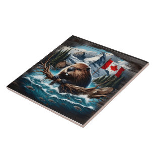 Canadian Beaver by Lake With Mountains and Flag Tile