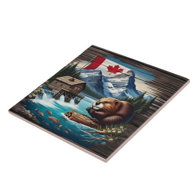 Canadian Beaver by Mountain Lake During Day Tile (Side)