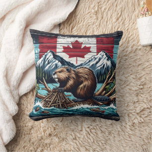 Canadian Beaver by the Flag and Mountains Cushion