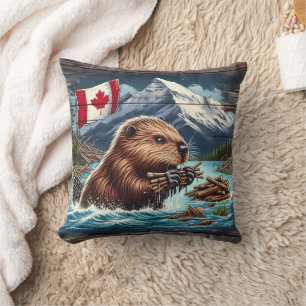 Canadian Beaver Collecting Sticks Near Mountains Cushion