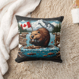 Canadian Beaver, Flag, Mountain, Ocean Cushion