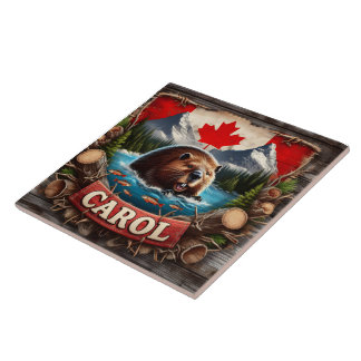 Canadian Beaver, Flag, Mountain View Tile