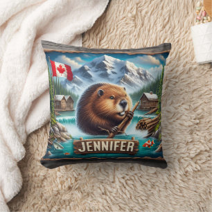 Canadian Beaver Holding Branch Near Mountain Lake Cushion