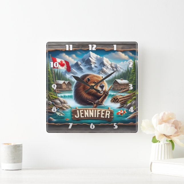 Canadian Beaver Holding Branch Near Mountain Lake Square Wall Clock (Home)