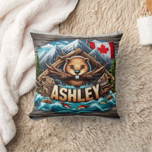 Canadian Beaver Holding Branches by Riverbank Cushion