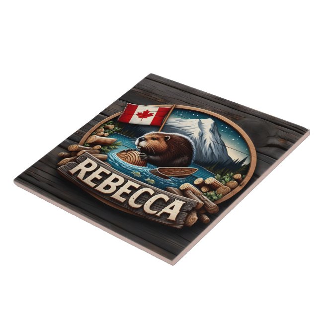 Canadian Beaver Holding Log by Canadian Flag Tile (Side)