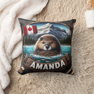 Canadian Beaver Holding Nesting Material by Lake Cushion