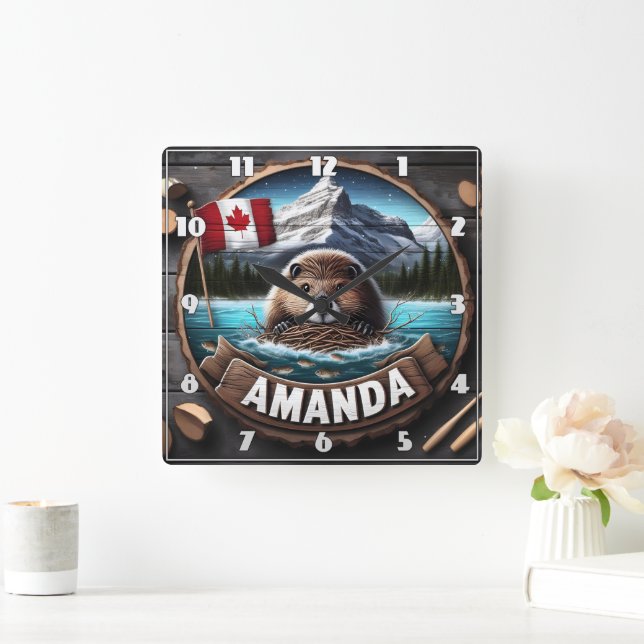 Canadian Beaver Holding Nesting Material by Lake Square Wall Clock (Home)