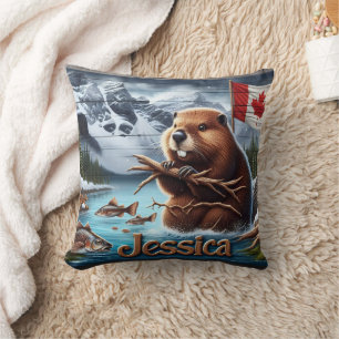 Canadian Beaver Holding Sticks by a Lake Cushion