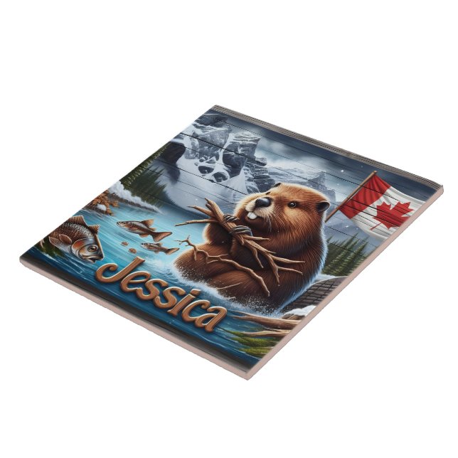 Canadian Beaver Holding Sticks by a Lake Tile (Side)