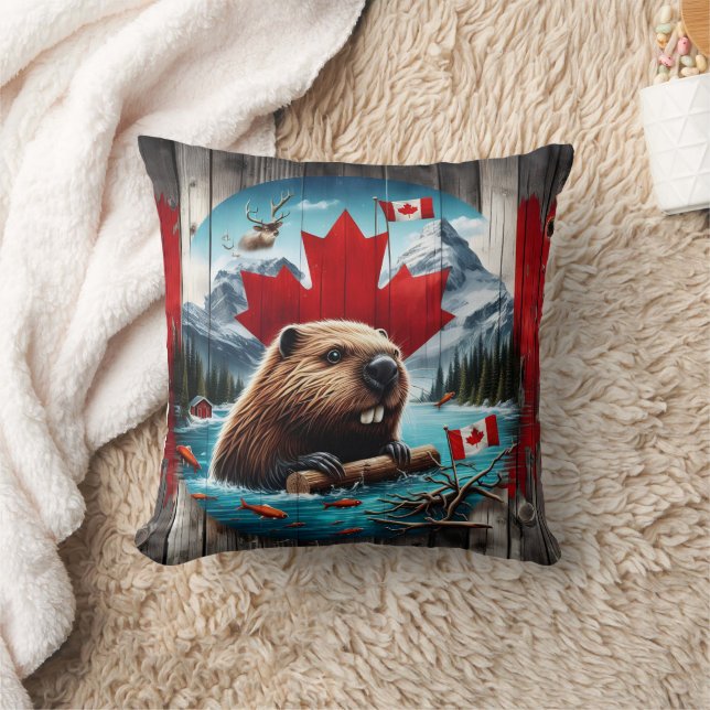 Canadian Beaver in Front of Maple Leaf Background Cushion (Blanket)