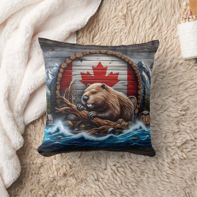 Canadian Beaver in Front of Mountain Landscape Cushion (Blanket)