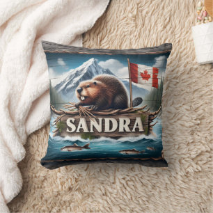 Canadian Beaver in Scenic River With Flag Cushion
