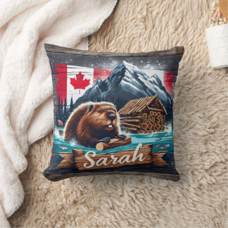 Canadian Beaver in Water With Logs Near Mountains Cushion
