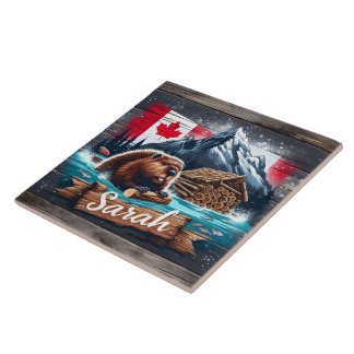 Canadian Beaver in Water With Logs Near Mountains Tile