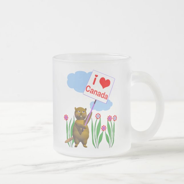 Canadian Beaver Loves Canada Frosted Glass Coffee Mug (Right)