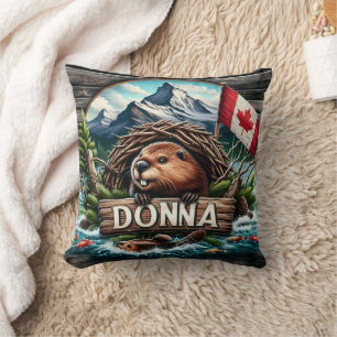 Canadian Beaver Near Lake With Rocky Mountains Cushion