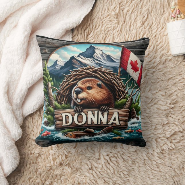 Canadian Beaver Near Lake With Rocky Mountains Cushion (Blanket)