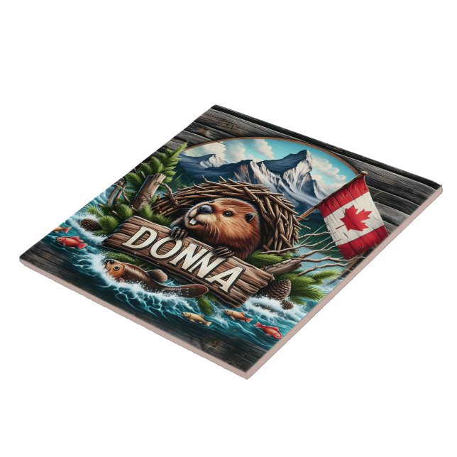 Canadian Beaver Near Lake With Rocky Mountains Tile (Side)