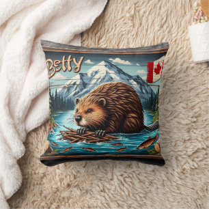 Canadian Beaver Nesting by Mountain River Cushion