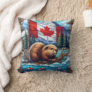 Canadian Beaver on Lake With Canadian Flag Cushion