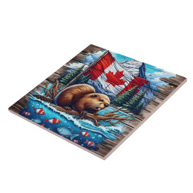Canadian Beaver on Lake With Canadian Flag Tile (Side)
