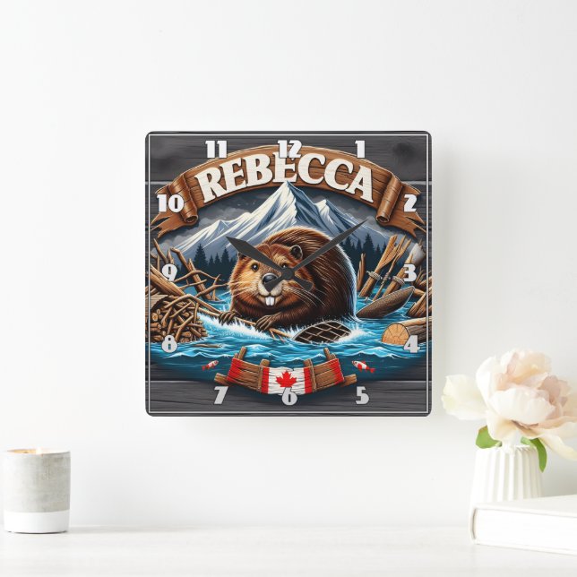 Canadian Beaver, Snow-Capped Mountain Square Wall Clock (Home)