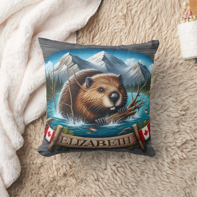 Canadian Beaver Swimming in Mountain Lake Cushion (Blanket)