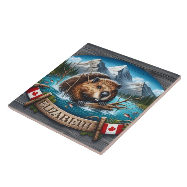 Canadian Beaver Swimming in Mountain Lake Tile (Side)
