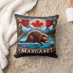Canadian Beaver Swimming Near Mountains and Forest Cushion