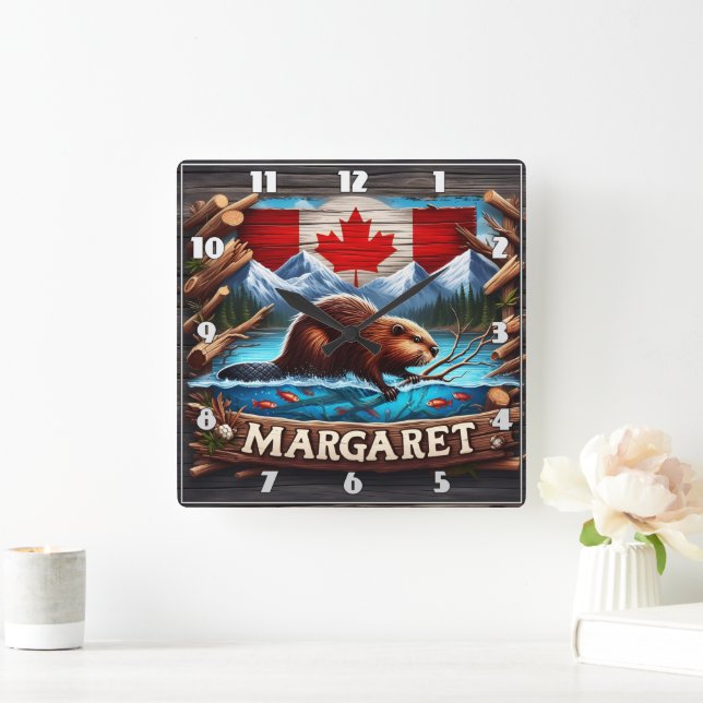 Canadian Beaver Swimming Near Mountains and Forest Square Wall Clock (Home)