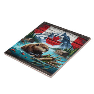 Canadian Beaver Swimming Near Rustic Cabins Tile