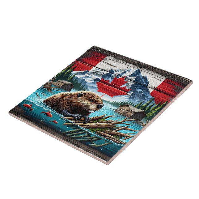 Canadian Beaver Swimming Near Rustic Cabins Tile (Side)