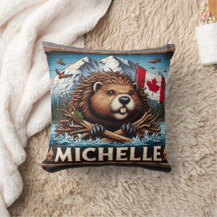 Canadian Beaver With Blue Ocean Scene Cushion