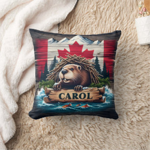 Canadian Beaver With Canadian Flag Background Cushion