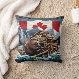 Canadian Beaver With Flag and Lodge in Nature Cushion