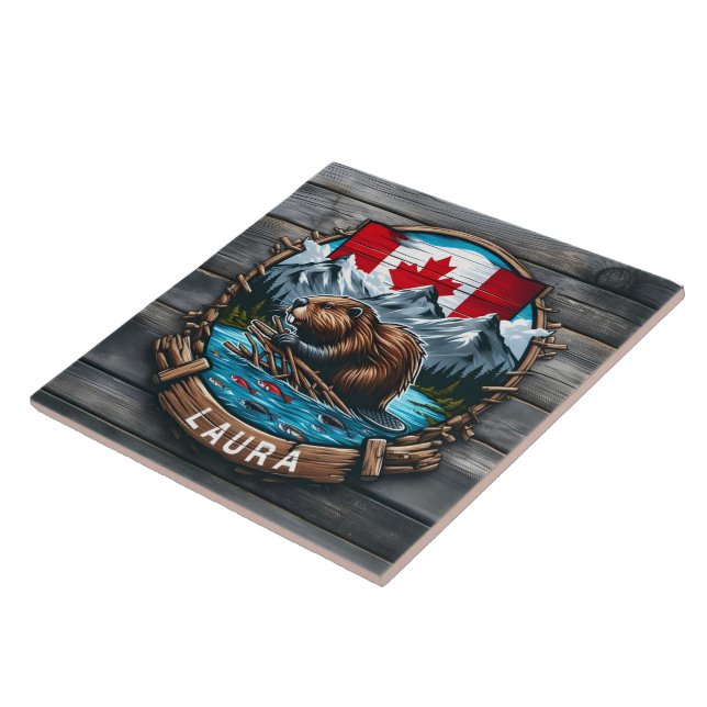 Canadian Beaver With Flag and Mountains at Sunset Tile (Side)