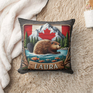 Canadian Beaver With Flag and Mountains Cushion