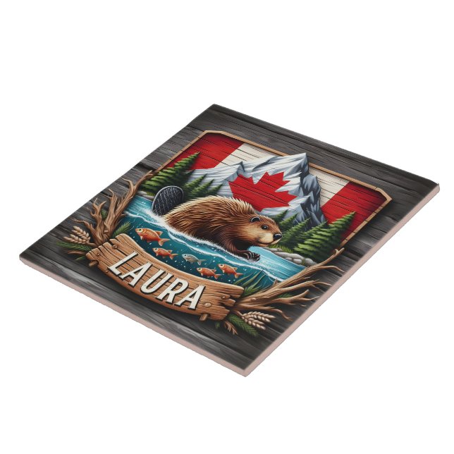 Canadian Beaver With Flag and Mountains Tile (Side)