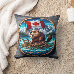 Canadian Beaver With Flag in Mountain Landscape Cushion