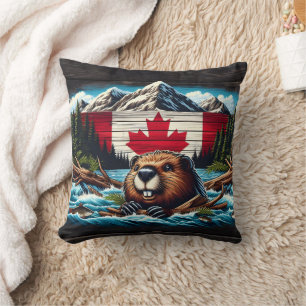 Canadian Beaver With Flag in Mountain Stream Cushion