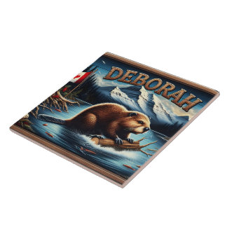 Canadian Beaver With Flag Near Scenic Mountains Tile