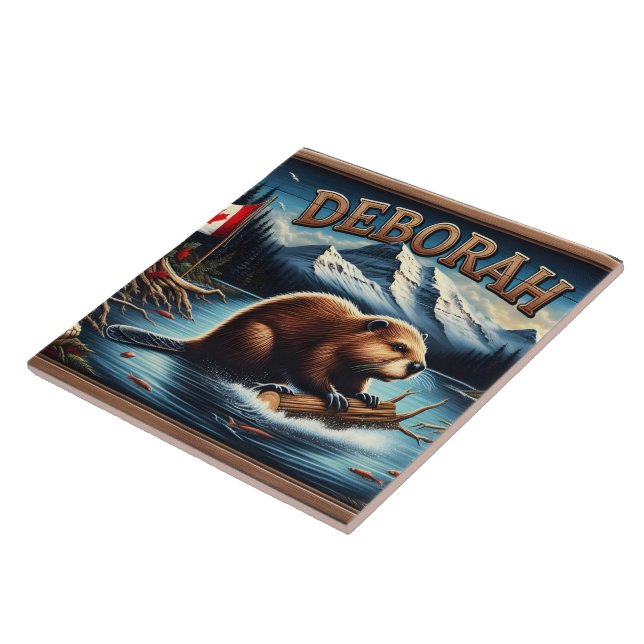 Canadian Beaver With Flag Near Scenic Mountains Tile (Side)
