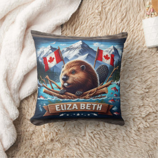 Canadian Beaver With Flags in Mountain Setting Cushion