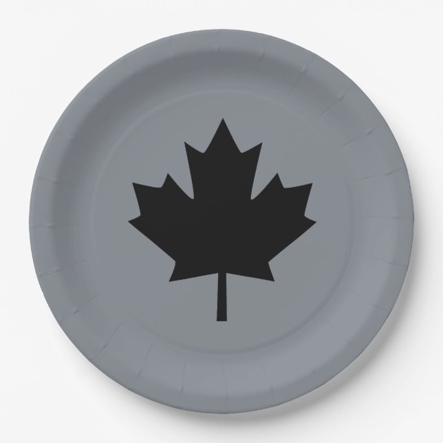Canadian Black Maple Leaf on Grey Paper Plate (Front)