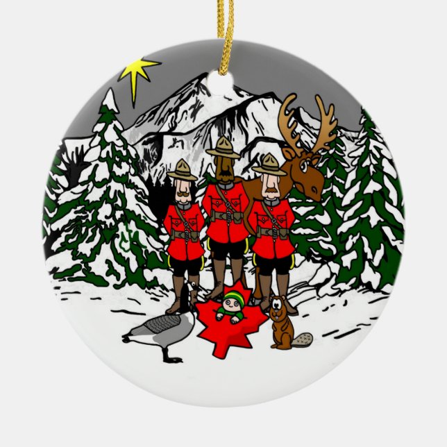 Canadian Christmas Nativity Scene Ceramic Tree Decoration (Front)