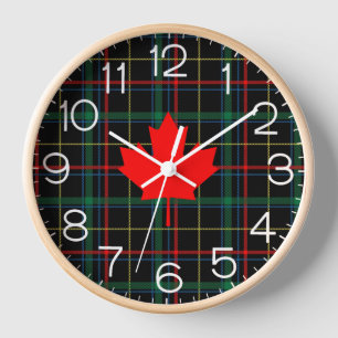 Canadian Cottage Plaid Maple Leaf Clock