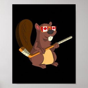 Canadian Cute Animal Gift Beaver Maple Leaf Hockey Poster