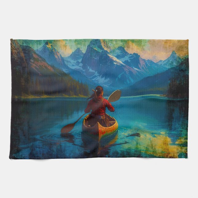 Canadian FIrst Nations Paddler and Canoe Tea Towel (Horizontal)