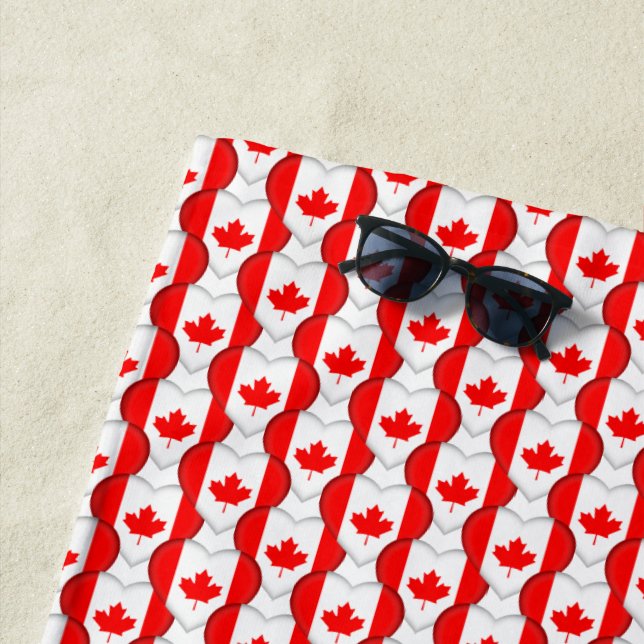 Canadian Flag Colours Maple Leaf Hearts Patriotic Beach Towel (In Situ)